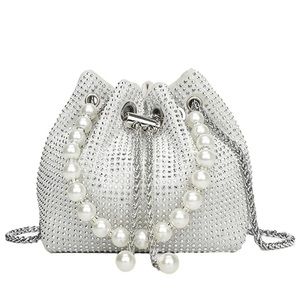 WHITE CRYSTAL CROSSBODY WITH PEARL HANDLE BUCKET PURSE